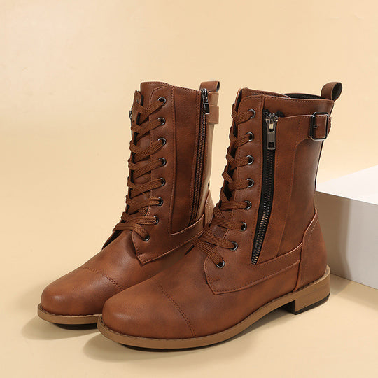 Damen nan knöchelhohe Schnür‑Combat‑Stiefelette mit seitlichem Doppelreißverschluss und verstellbarem Schnallenriemen EB