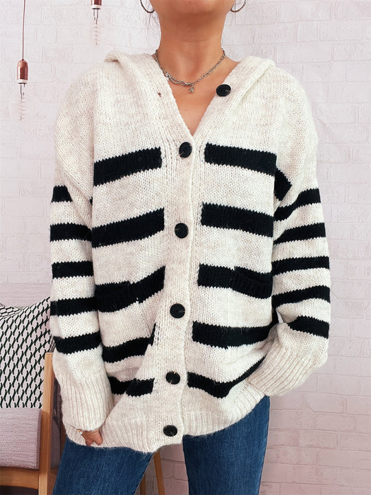 Damen oversized Strickjacke mit kontrastierenden Streifen und Kapuze EB