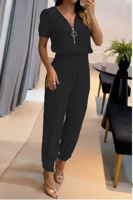 Damen Jumpsuit mit V-Ausschnitt und Gummizug EB