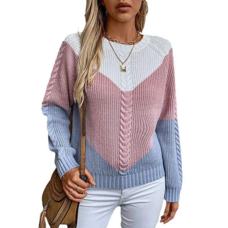 Damen modischer Strickpullover mit geometrischem Muster und Zopfrippen EB