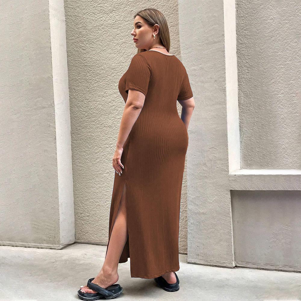 Damen Figurbetontes Maxikleid mit Seitenschlitz und Rippenstruktur EB