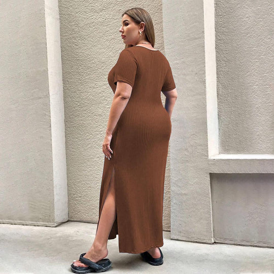 Damen Figurbetontes Maxikleid mit Seitenschlitz und Rippenstruktur EB