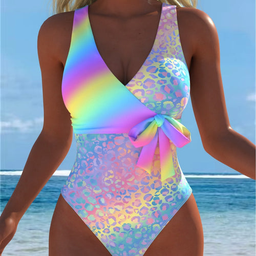 Damen Einteiliger Badeanzug mit elegantem Leoparden-Design und schimmerndem Farbverlauf EB