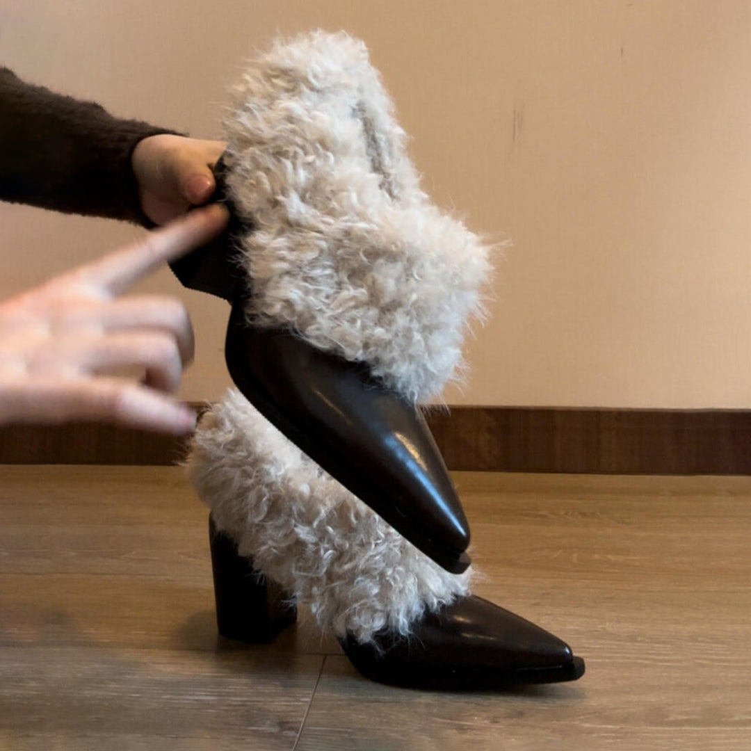 Damen hochwertige Slipper mit luxuriösem Fellrand und spitzer Zehenpartie EB