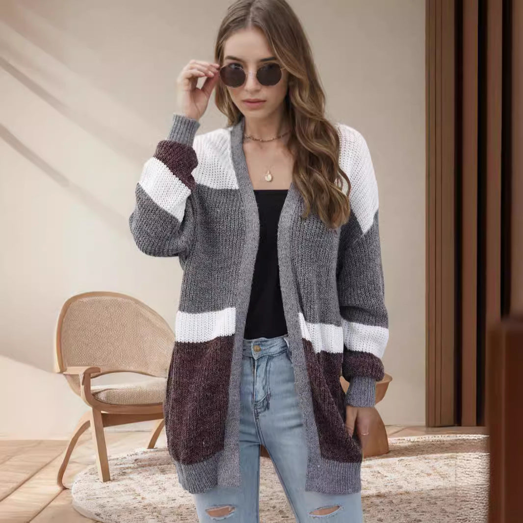 Damen lockere Strickjacke mit modischem Streifenmuster EB