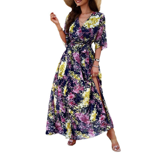 Damen Maxikleid mit eleganter Wickeloptik und seitlichem Schlitz EB