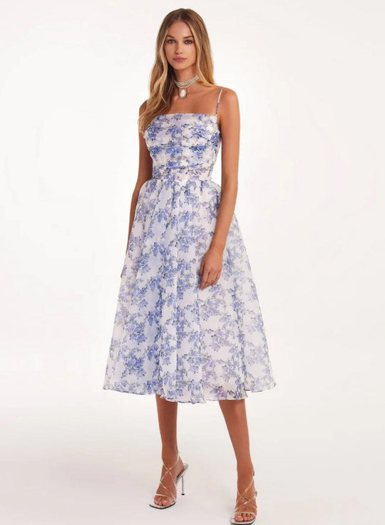 Damen Midi-Kleid mit elegantem Chiffon und floralen Applikationen EB