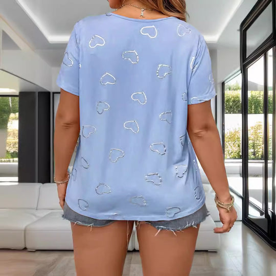 Damen lässiges T-Shirt mit romantischem Herzdesign und Knopfleiste EB