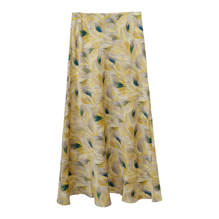 Damen  fließender Midirock mit floralem Print und A-Linie aus satinähnlichem Stoff EB