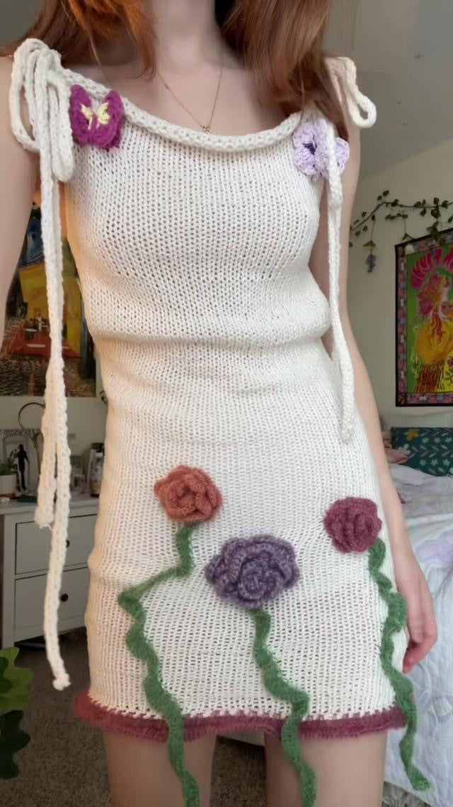 Damen gehäkeltes Sommerkleid mit floralen Applikationen EB