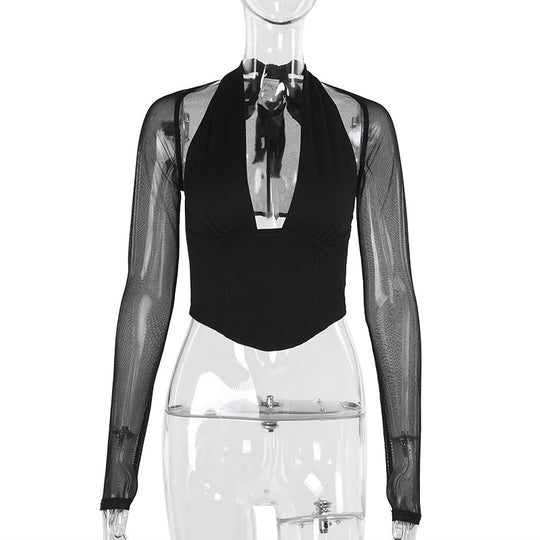 Damen Cropped-Top mit transparenten Ärmeln und tiefem V-Ausschnitt EB