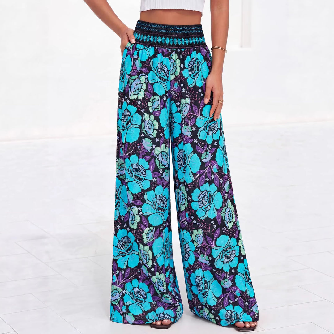 Damen luftige Palazzo-Hose mit floralen Mustern und elastischem Bund EB