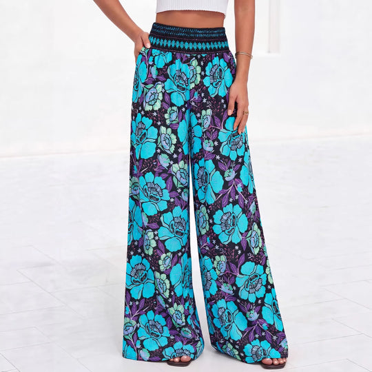 Damen luftige Palazzo-Hose mit floralen Mustern und elastischem Bund EB