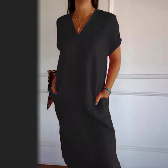 Damen Viskose-Leinen Kleid mit tiefem V-Ausschnitt und praktischen Taschen EB