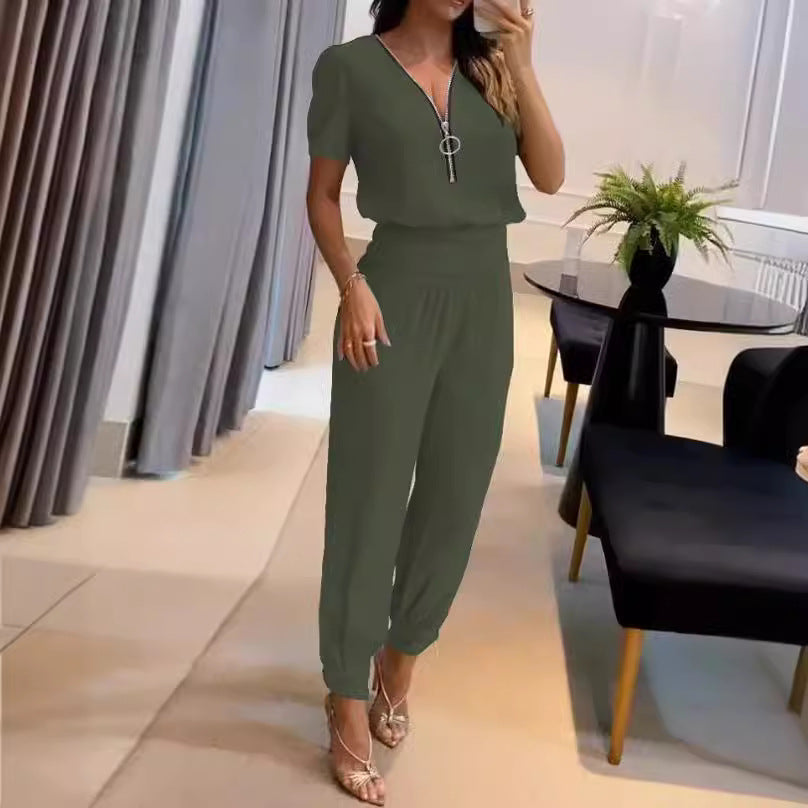 Damen Jumpsuit mit V-Ausschnitt und Gummizug EB