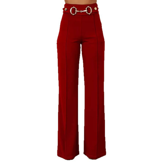 Damen weite Hochtaillenhose mit dekorativem Gürtel und eleganter Nahtführung EB