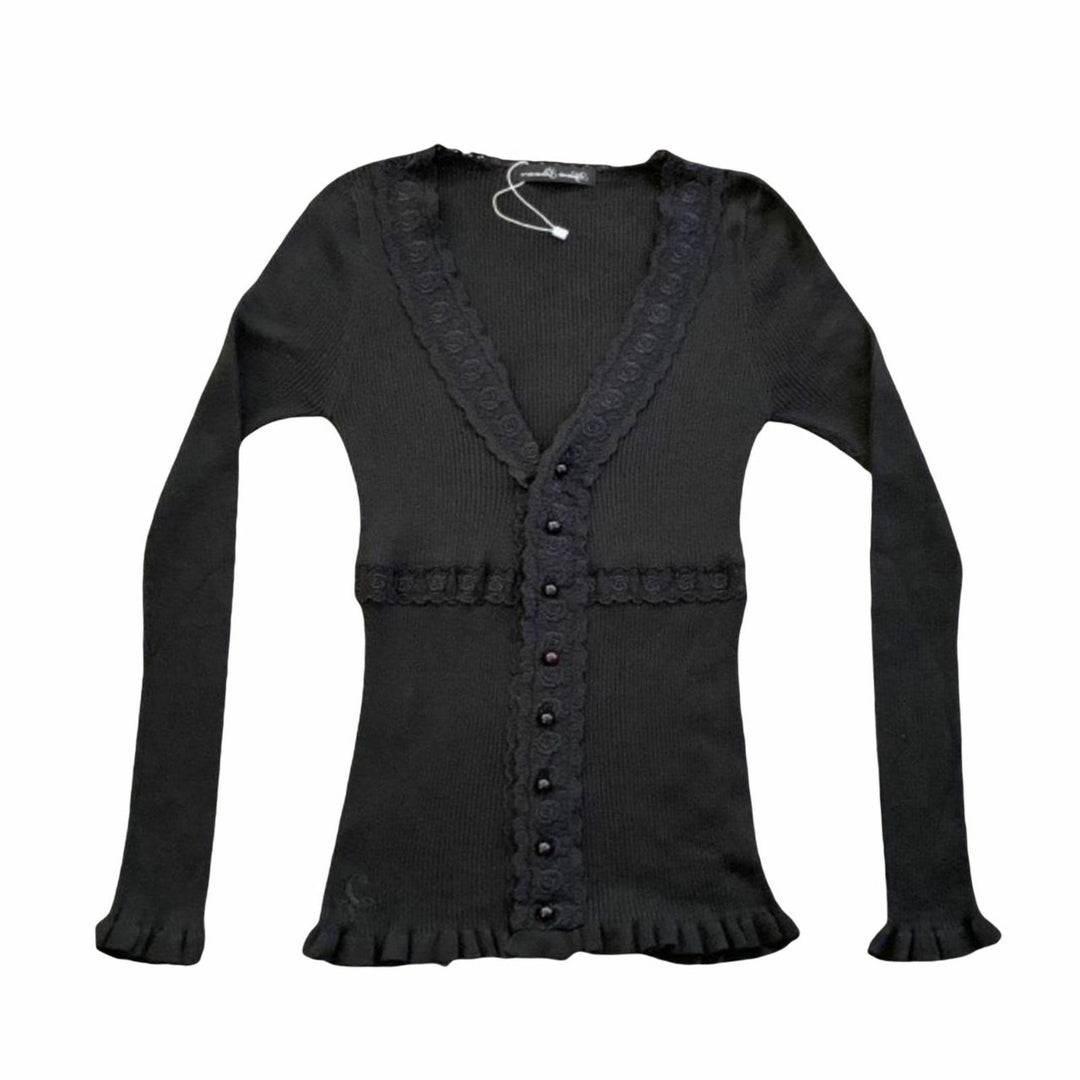 Damen Strickoberteil mit romantischem Spitzenbesatz und Rüschendetails EB