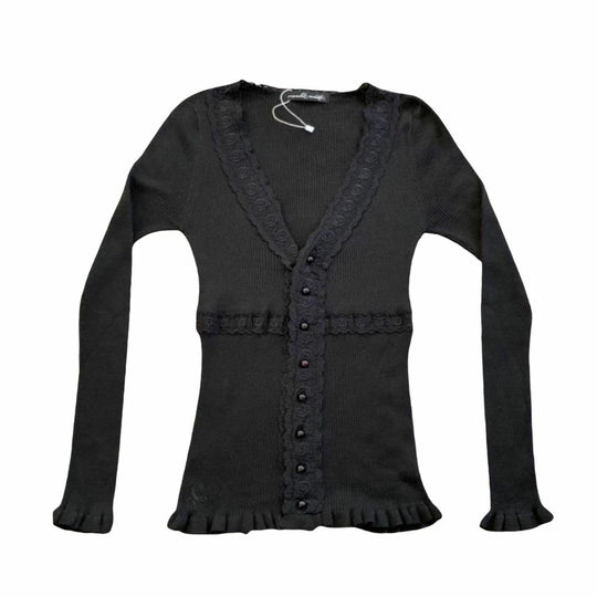 Damen Strickoberteil mit romantischem Spitzenbesatz und Rüschendetails EB