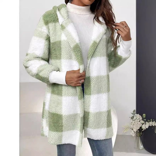 Damen nan karierter Teddy-Mantel mit großem Reverskragen und Rippbündchen EB