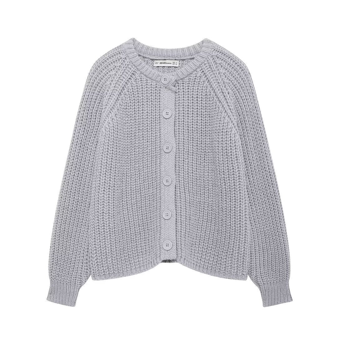 Damen nan grob gestrickte Raglan-Cardigan mit Ballonärmeln und durchgehender Knopfleiste EB