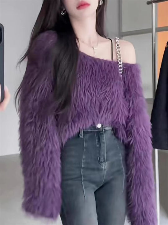 Damen Flauschiger Pullover mit lockerem Schnitt und weichen Ärmeln EB