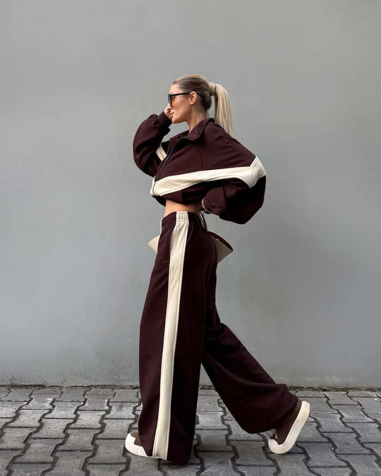Damen Zweiteiliges Oversized Windbreaker-Set mit Kontraststreifen, Elastischem Saum und Tunnelzughose EB