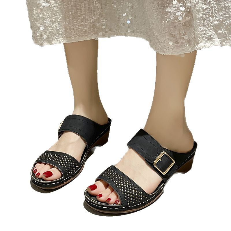Damen Komfortable Clogs mit hochwertiger Schnallenverzierung EB