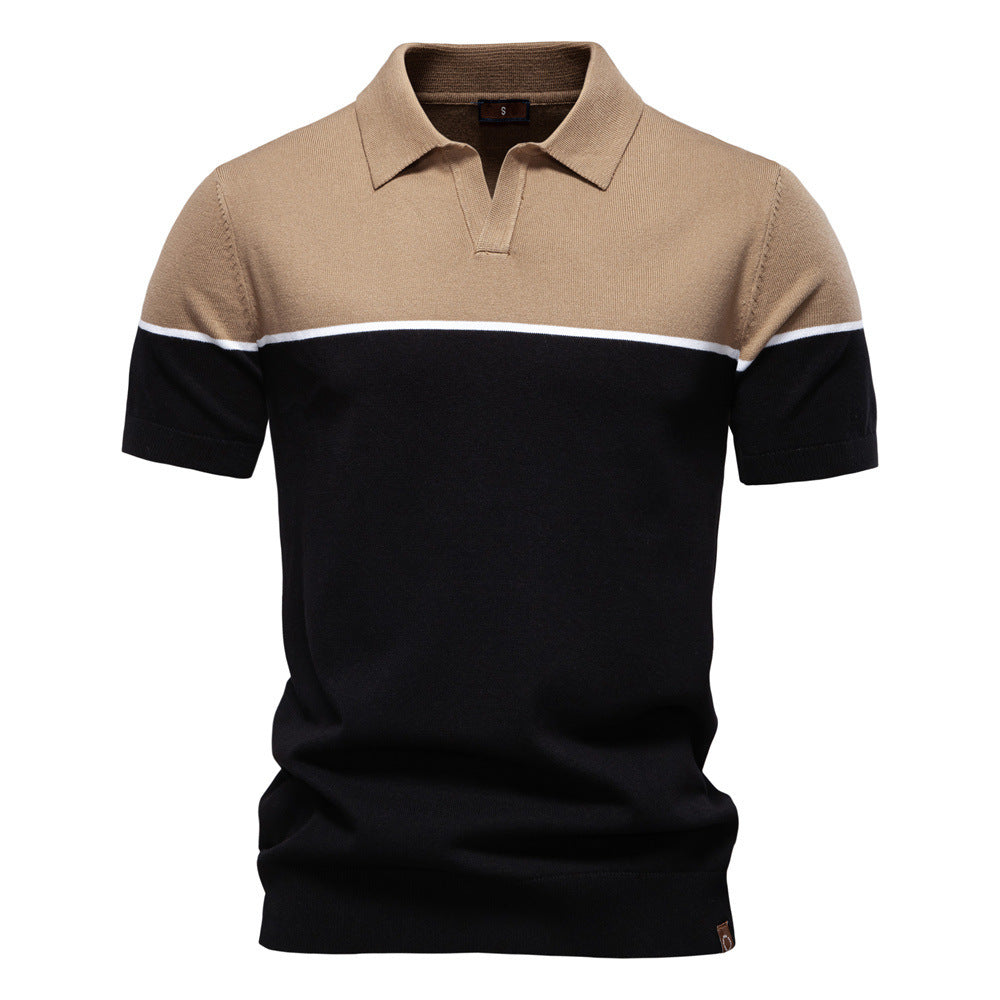 Herren nan modernes Kurzarm-Poloshirt aus Feinstrick mit offenem Reverskragen und horizontaler Kontrastpasse EB