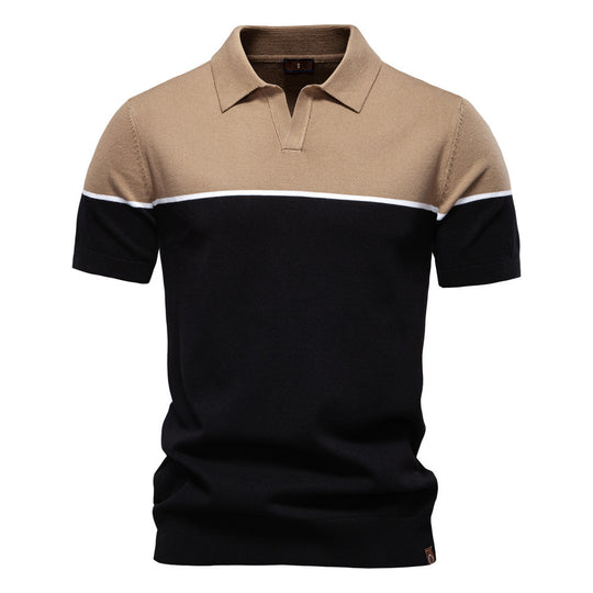 Herren nan modernes Kurzarm-Poloshirt aus Feinstrick mit offenem Reverskragen und horizontaler Kontrastpasse EB