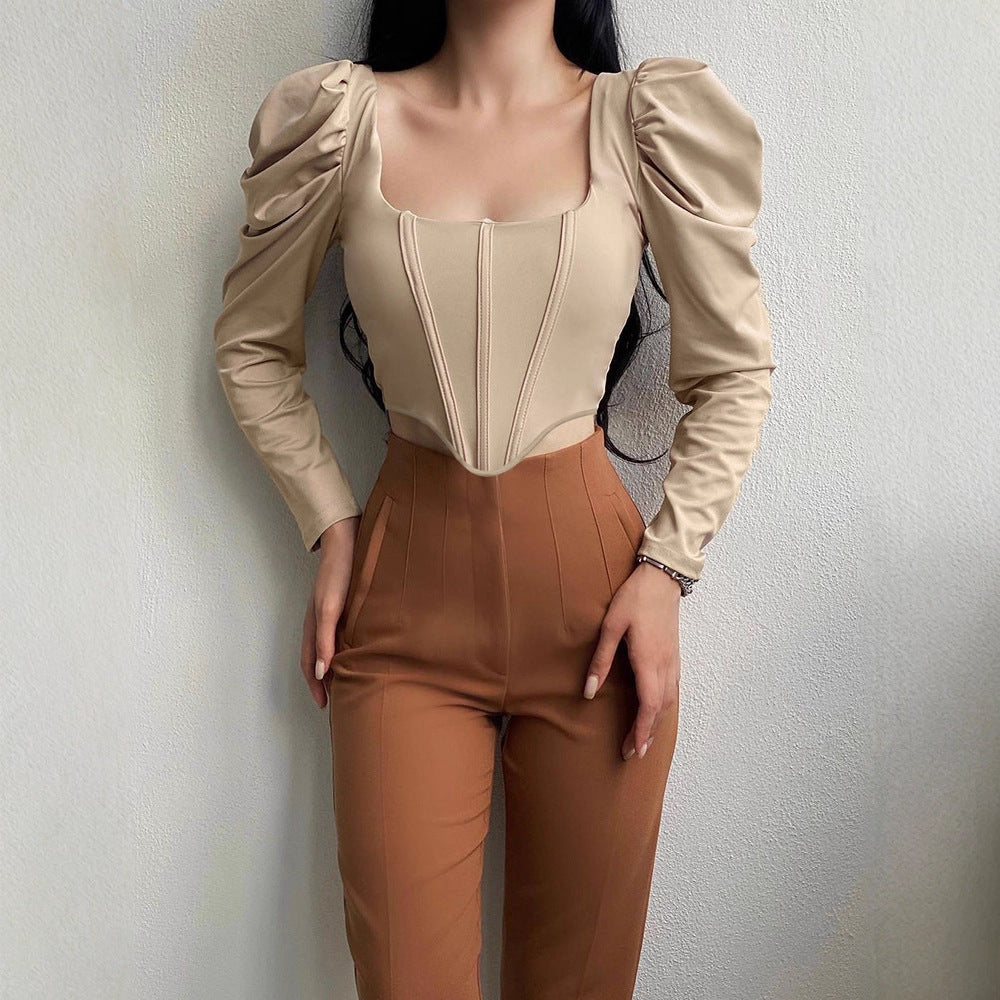 Damen tailliertes Oberteil mit eleganten Puffärmeln und quadratischem Ausschnitt EB