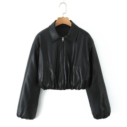 Damen cropped Kunstlederjacke mit praktischen Taschen und Gummibund EB