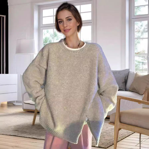 Damen lässiger Oversized-Pullover mit seitlichem Schlitzdesign EB
