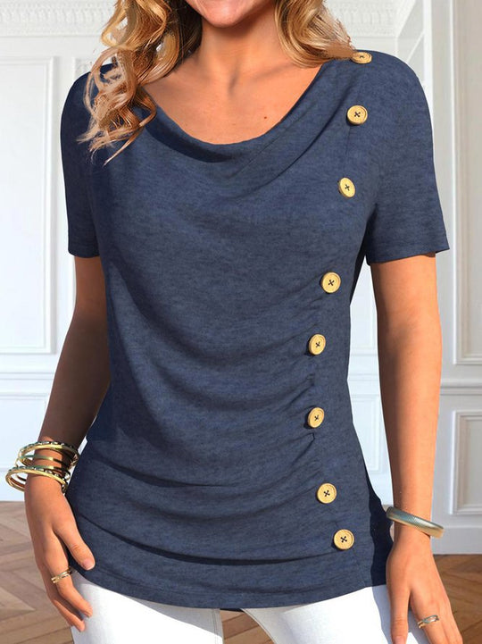 Damen Elegantes Rundhals-Oberteil mit Knopfdetails EB