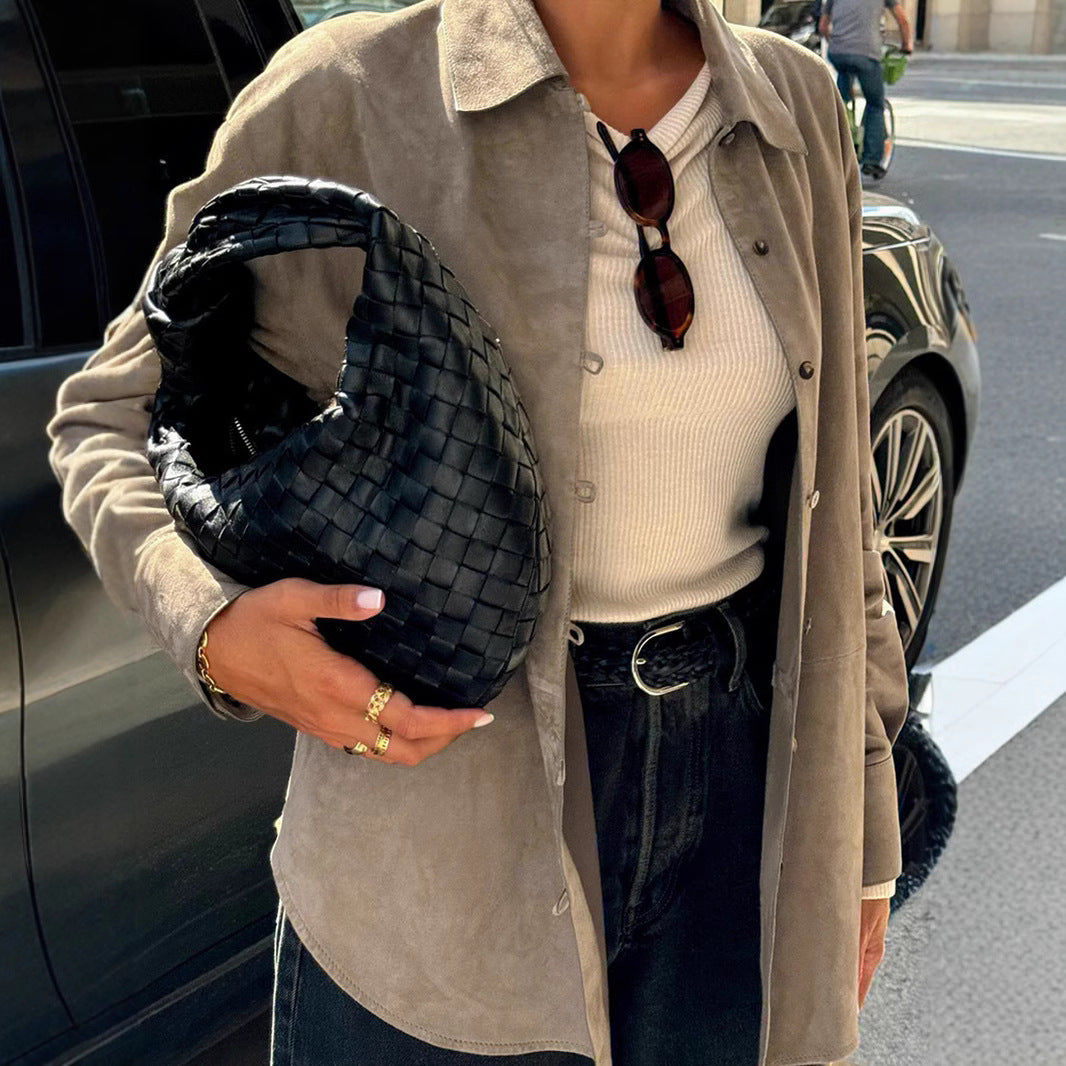 Damen Sanfte Kunstlederjacke mit Knopfverschluss EB