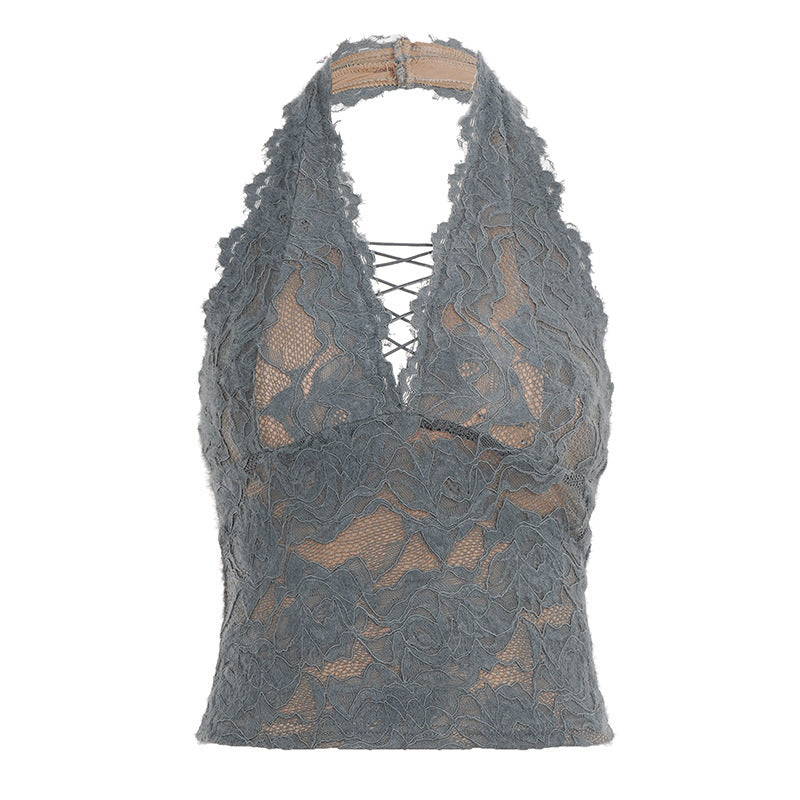 Damen Elegantes Spitzen-Haltertop mit tiefem V-Ausschnitt EB