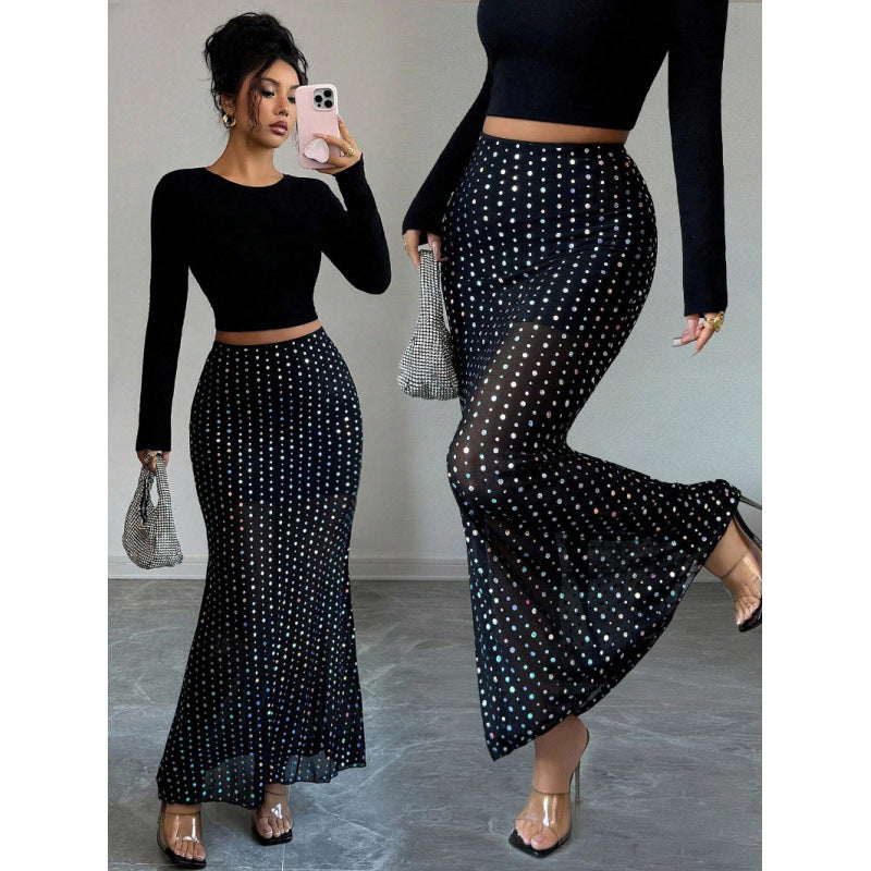 Damen Elegante und schicke maxi Rock mit Pünktchenmuster EB