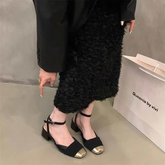 Damen nan elegante Sandalette mit niedrigem Blockabsatz, metallischer Kappenspitze und verstellbarem Knöchelriemen EB