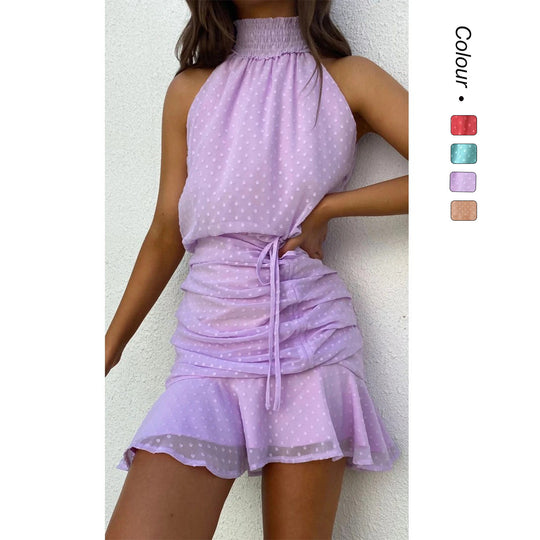 Damen Minikleid mit luxuriösem Kragen, seitlicher Raffung und fließendem Rock EB