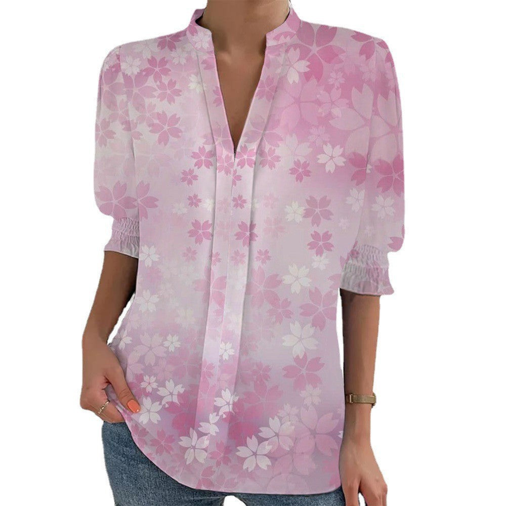 Damen Blumenprint Tunika-Bluse mit Stehkragen, geschlitzter V‑Blende und gerafften 3/4-Ärmeln EB