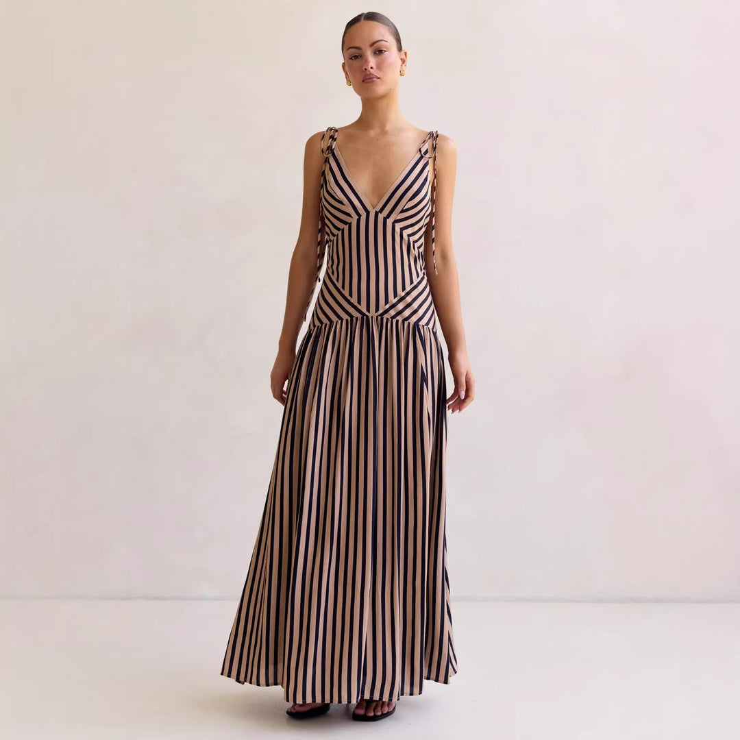Damen Maxikleid mit tiefem V-Ausschnitt und elegantem Streifendesign EB