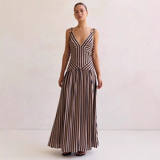 Damen Maxikleid mit tiefem V-Ausschnitt und elegantem Streifendesign EB