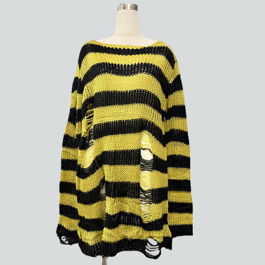 Damen nan Oversized Grobstrickpullover mit breiten Blockstreifen und aufgerissenem Design EB