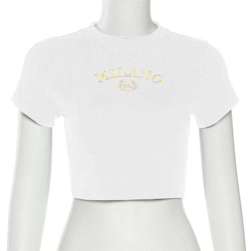 Damen cropped T-Shirt mit gesticktem Schriftzug und rundem Ausschnitt EB