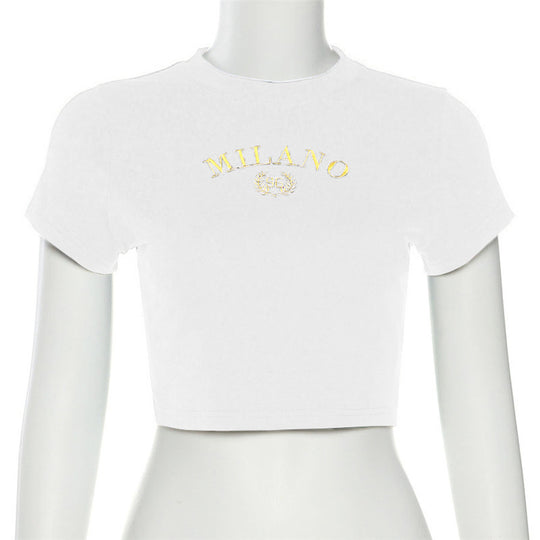 Damen cropped T-Shirt mit gesticktem Schriftzug und rundem Ausschnitt EB