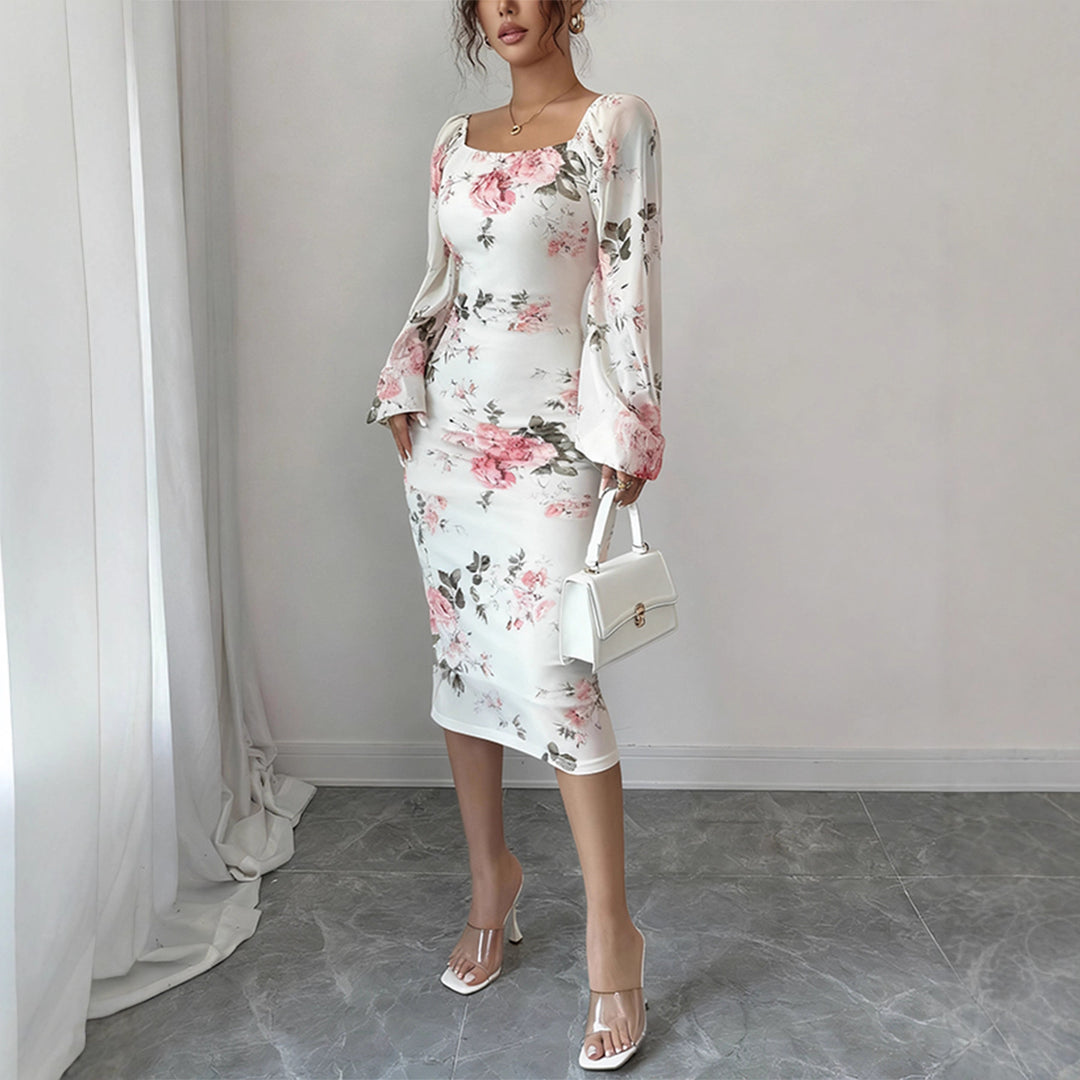 Damen Tailliertes Midikleid mit quadratischem Ausschnitt, Ballonärmeln und floralem Stretchjersey EB