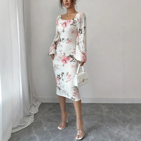 Damen Tailliertes Midikleid mit quadratischem Ausschnitt, Ballonärmeln und floralem Stretchjersey EB