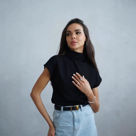 Damen modernes Kurzarm-Oberteil mit hohem Stehkragen und strukturiertem Design EB