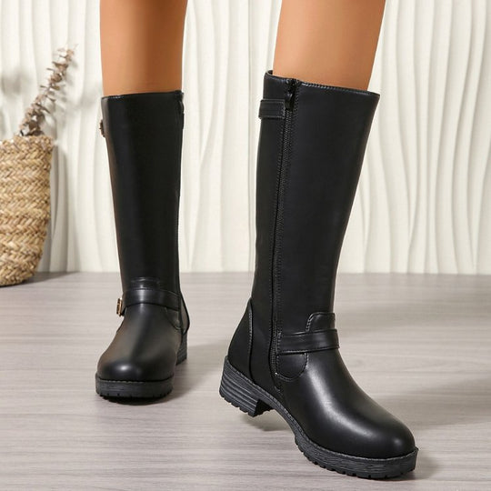 Damen modische Longboots mit eleganter Schnalle und robustem Profilsohle EB