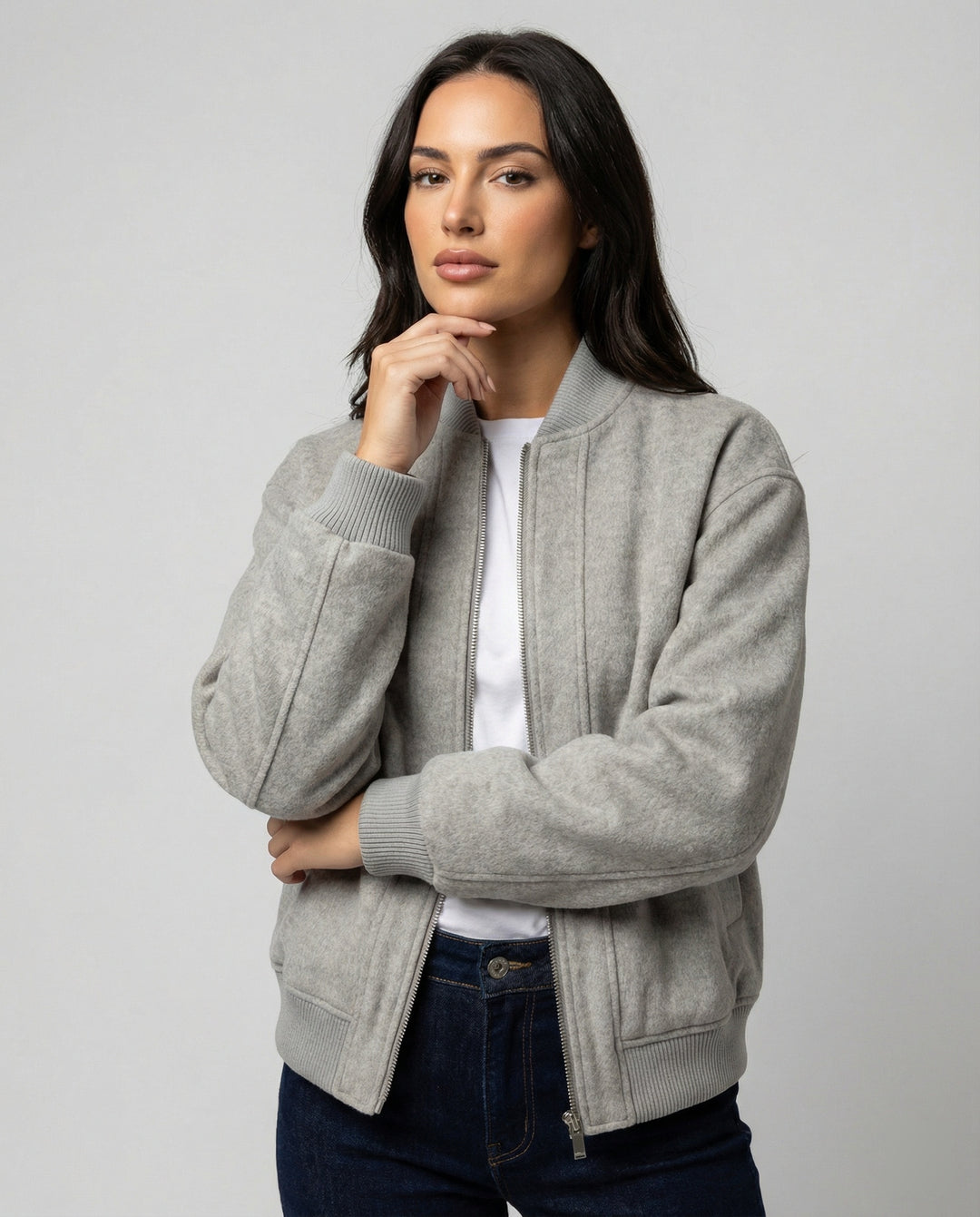 Damen oversized Wollmix-Bomberjacke mit Stehkragen und geripptem Saum EB