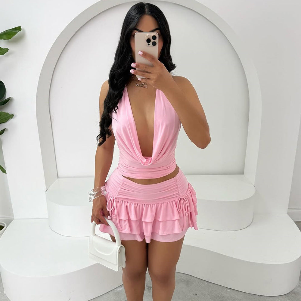 Damen Minikleid mit tiefem V-Ausschnitt und voluminösem Rüschensaum EB